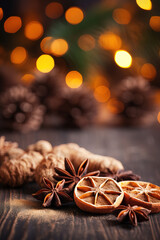 Fototapeta na wymiar Traditional Christmas spices and dried orange slices on holiday bokeh background with defocus lights. Cinnamon sticks, star anise, pine cones and cloves
