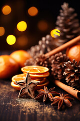 Traditional Christmas spices and dried orange slices on holiday bokeh background with defocus lights. Cinnamon sticks, star anise, pine cones and cloves