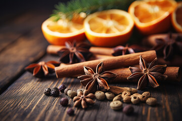 Traditional Christmas spices and dried orange slices on holiday bokeh background with defocus lights. Cinnamon sticks, star anise, pine cones and cloves