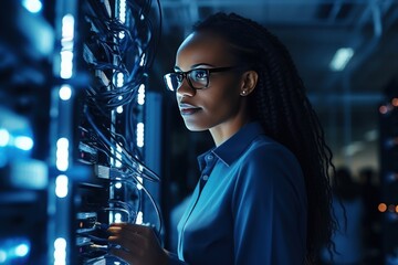 A young African American woman in a server room. Collection and storage of large amounts of data. Checks the operation of servers and automation.