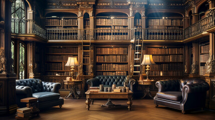 Interior of an antique library with tall wooden shelves filled with vintage books and leather armchairs. Old Money Aesthetic Concept. Banner - obrazy, fototapety, plakaty