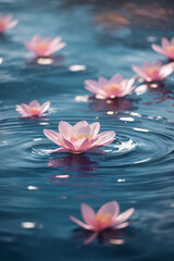 pink water lilies in the gently swirling blue water