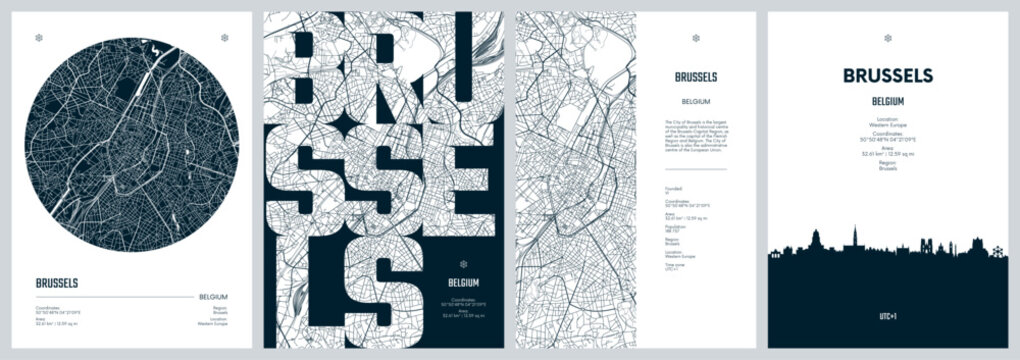 Set of travel posters with Brussels, detailed urban street plan city map, Silhouette city skyline, vector artwork