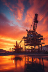Fototapeta premium Industrial oil rig against a stunning sunset
