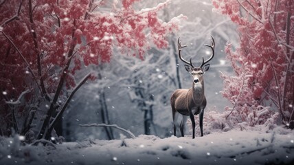 A majestic deer in a winter wonderland forest