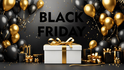 black friday sale banner with golden balloon and giftbox