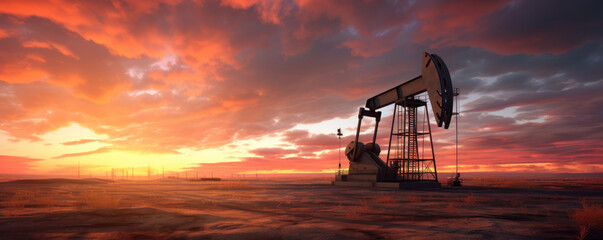 Industrial oil rig against a stunning sunset - obrazy, fototapety, plakaty
