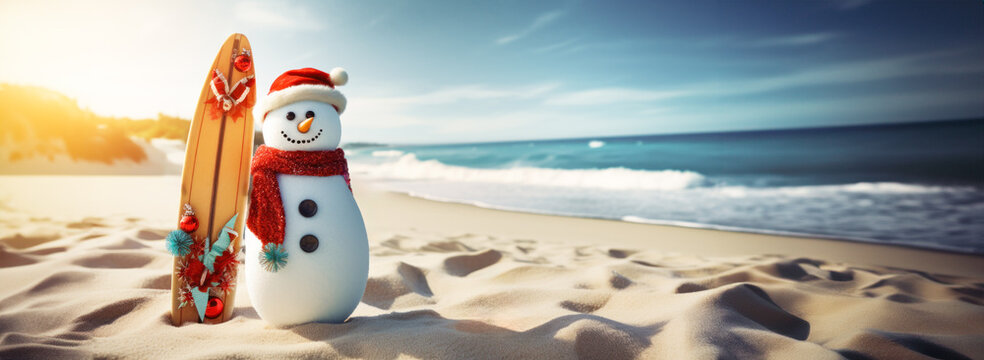 Holiday Spirit Knows No Bounds, Snowman in Santa Hat on Sunny Beach.  Travel and Vacation. 