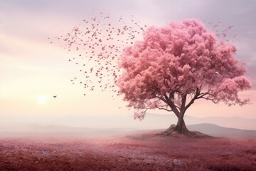 Autumnal scene in pink, with symbolic bow, birds and flowers., generative IA