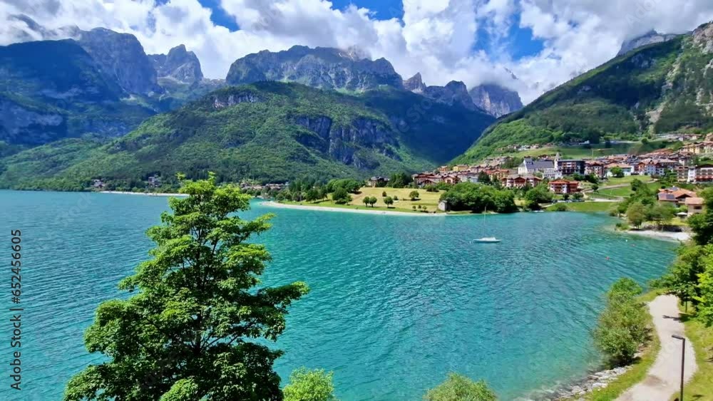 Sticker most scenic mountain lakes in northern italy - beautiful molveno in trento, trentino alto adige regi