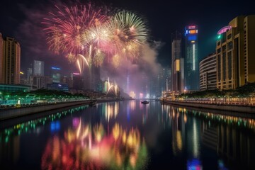 Sparkling city celebrates New Year with fireworks and hugs., generative IA