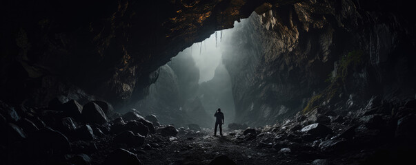 Explorer with a headlamp delving deep into a dark and mysterious cave - obrazy, fototapety, plakaty