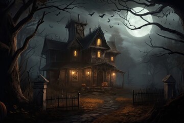 Fototapeta na wymiar Dark Halloween night: gothic mansion, pumpkins and ghoulish figures under the moon., generative IA