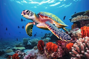 Fototapeta na wymiar Hawksbill Turtle swimming among vibrant coral reefs