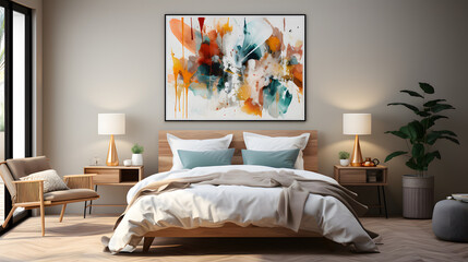 Scandinavian interior design of modern bedroom with big art poster frame