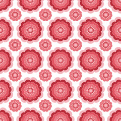 Floral seamless pattern with multi-layered flowers repeating evenly in a row, red tones, on a white background.