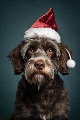 A festive brown dog wearing a Santa hat