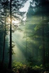 Ranquil misty forest with sun rays