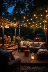 Outdoor string lights and cozy seating area