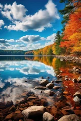 Tuinposter Serene lake reflecting colorful autumn trees © olegganko