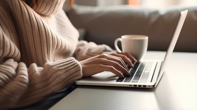 Close-up of a young woman, in a cozy sweater, typing on a laptop with a cup of coffee by her side. generative AI