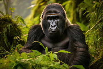 Fototapeta premium Mountain gorilla in its dense jungle habitat