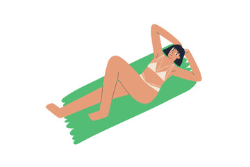 a woman in a swimsuit lies on the sand. rest, summer, sea. hand drawn vector illustration in flat style