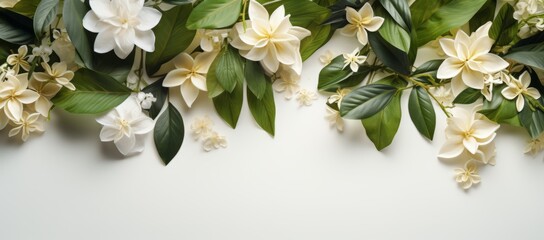 Flat lay Summer flowers leafs on white background. Summer flowers. Copy space. Photo texture. Horizontal banner poster. Ai generated