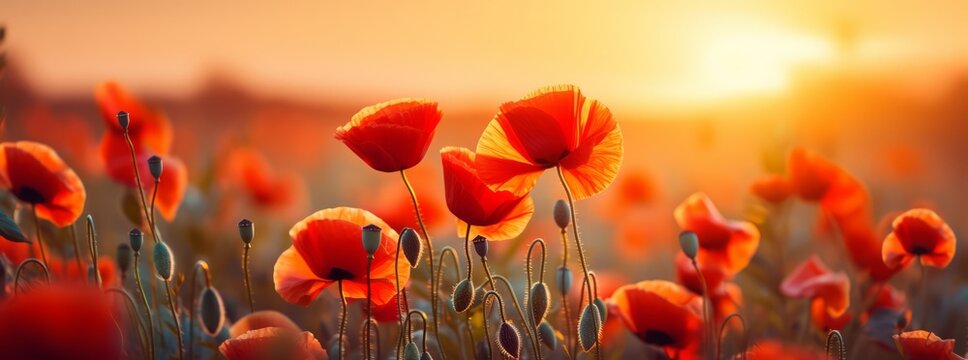 Field of poppies flowers landscape with sunset close up. Summer poppies flowers. Copy space. Photo texture. Horizontal banner poster. Ai generated