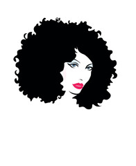 Beautiful sexy woman face, curly black hair style, fashion hairdresser, element design, spa salon. Beauty Logo. Vector illustration.