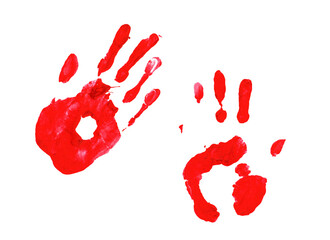 Splash of blood, bloody handprints on a white background