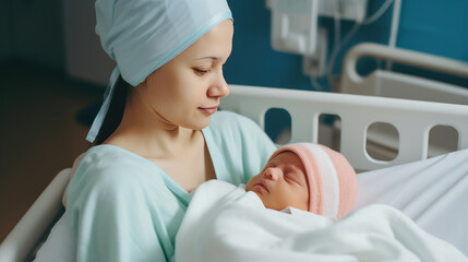 Obraz premium Generative AI, woman holding a newborn baby in her arms in the delivery room, young mother, maternity hospital, clinic, childbirth, pregnancy, small child, postpartum control, neonatology, parent