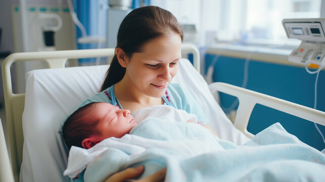 Generative AI, woman holding a newborn baby in her arms in the delivery room, young mother, maternity hospital, clinic, childbirth, pregnancy, small child, postpartum control, neonatology, parent