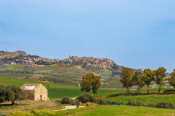 Spring landscape under the historic town of Salemi on the island of Sicily