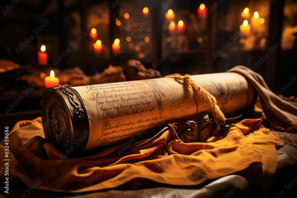 Fototapete an ancient scroll with handwritten text, showcasing early literary works. generative ai.
