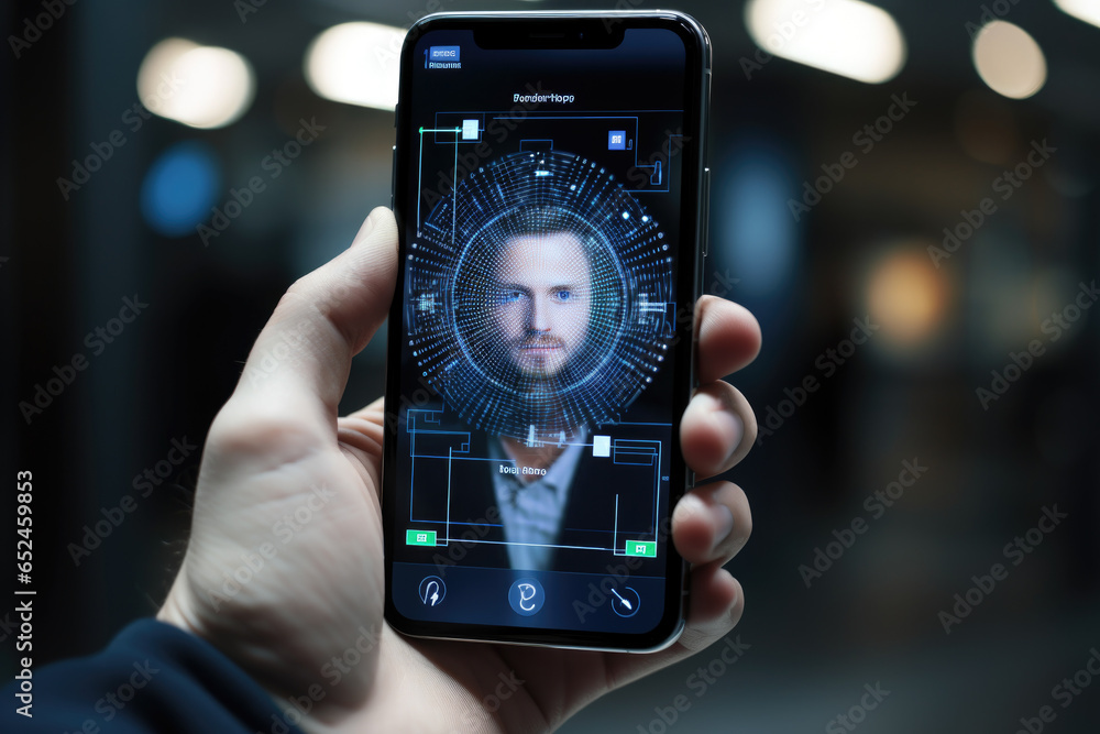 Poster a smartphone user using facial recognition for secure access to their device. generative ai.