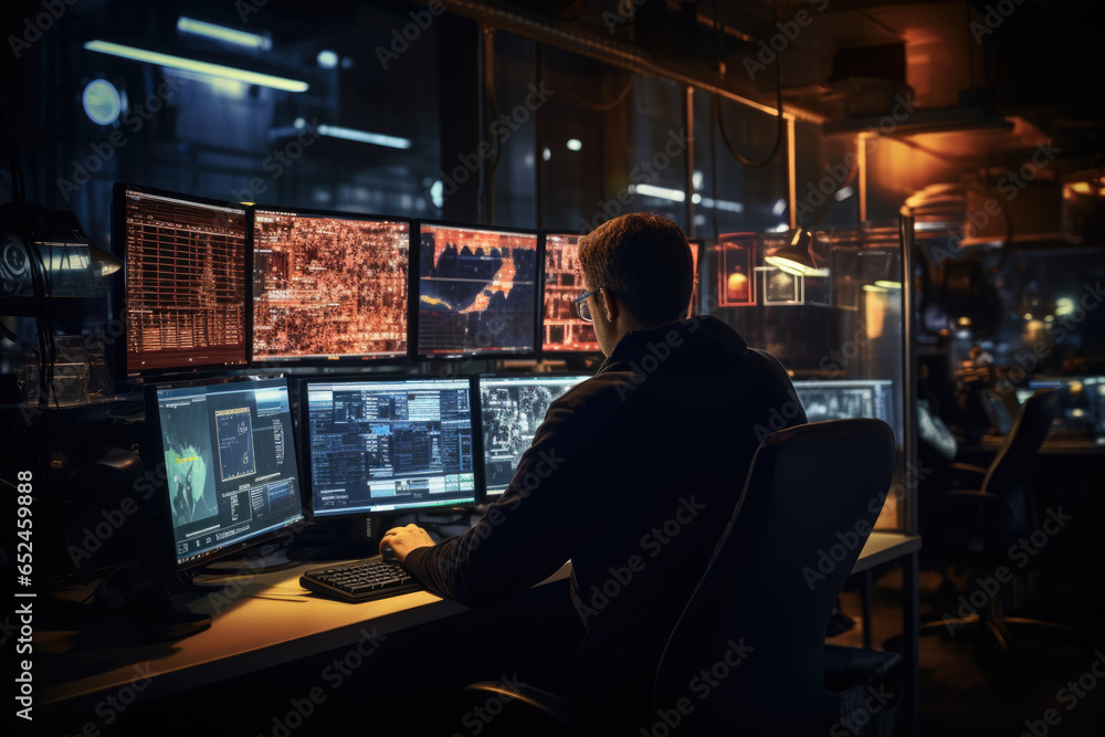 Poster a cybersecurity expert monitoring network traffic to detect ai-generated threats. generative ai.