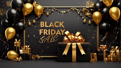 black friday sale banner with golden balloon and giftbox