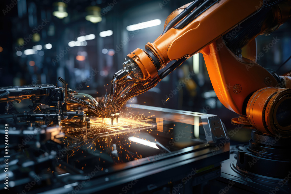 Poster a robot arm assembling intricate electronic components in a high-tech factory. generative ai.