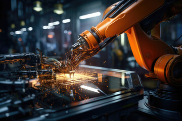 A robot arm assembling intricate electronic components in a high-tech factory. Generative Ai.