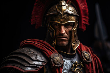 Roman legionnaire in detailed armor and a distinctive red plume helmet - obrazy, fototapety, plakaty