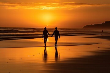 Fototapeta na wymiar Couple holding hands on the beach at sunset., generative IA