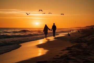 Happy couple walks by the sea at sunset., generative IA