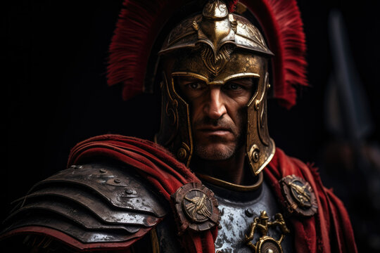 Roman legionnaire in detailed armor and a distinctive red plume helmet