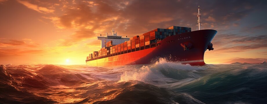 A massive cargo ship sailing on a vast expanse of water