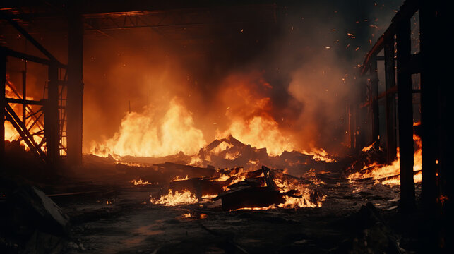 A raging fire engulfing a building, with billowing smoke filling the sky