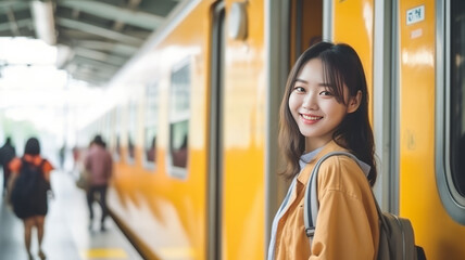 Fototapeta na wymiar asian woman student is hangingat the train door and smiling at platform train station.