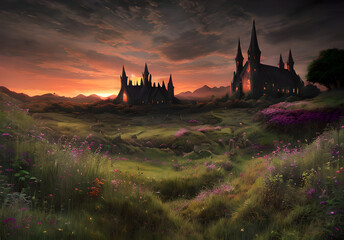 Naklejka premium Fantasy castle fairy tale atmospheric landscape and village magical world Generative AI
