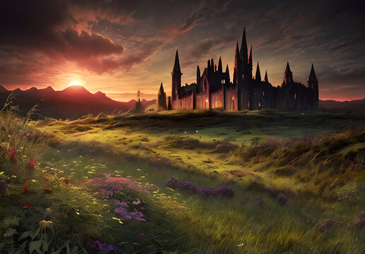 Fantasy castle fairy tale atmospheric landscape and village magical world Generative AI