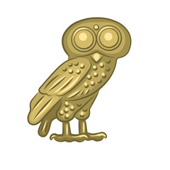 Owl of Athena. Ancient greek coin replica. Wisdom, knowledge, change, transformation, intuitive development. Isolated vector illustration. Line, fill and glow. Gold color. Realistic style.